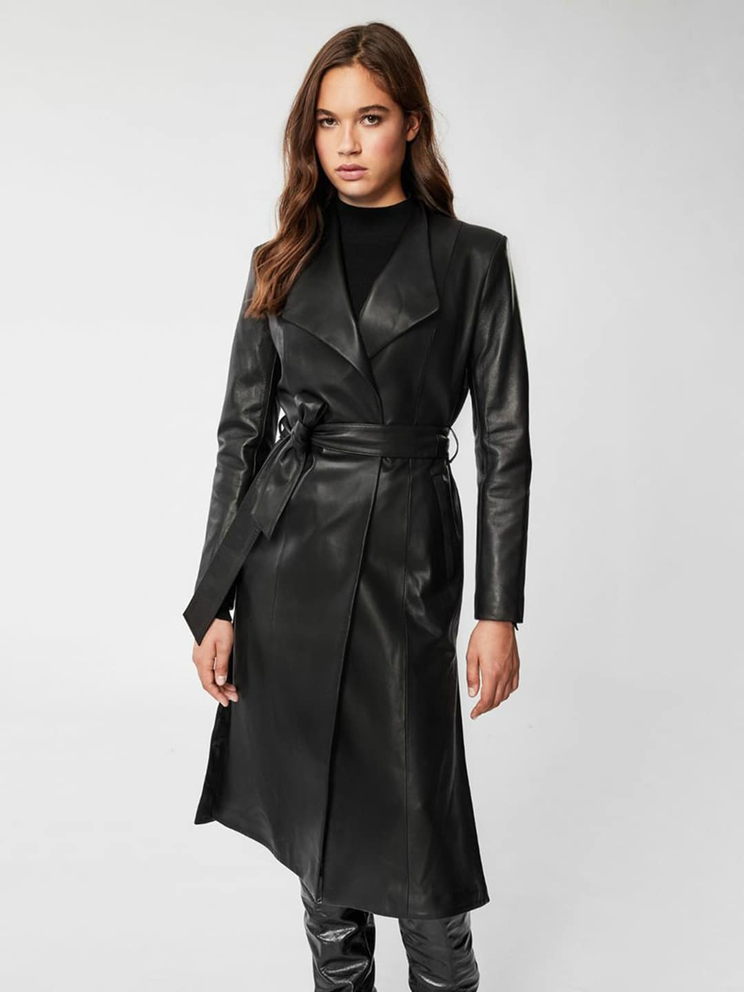 Black leather wrap coat